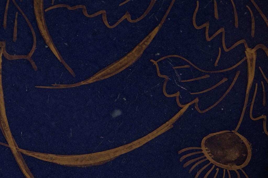アンティーク雑貨　江戸期　古伊万里　瑠璃釉金彩花文なます皿2枚(中皿、和食器)(R-042828)