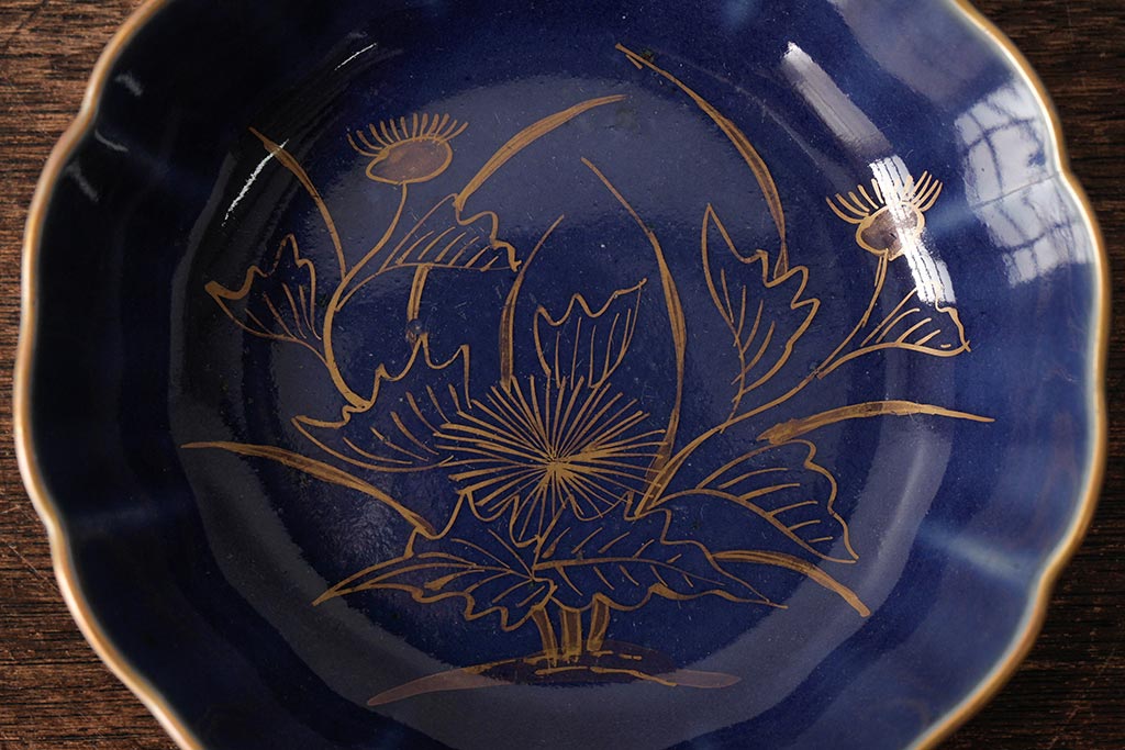 アンティーク雑貨　江戸期　古伊万里　瑠璃釉金彩花文なます皿3枚(中皿、和食器)(R-042830)