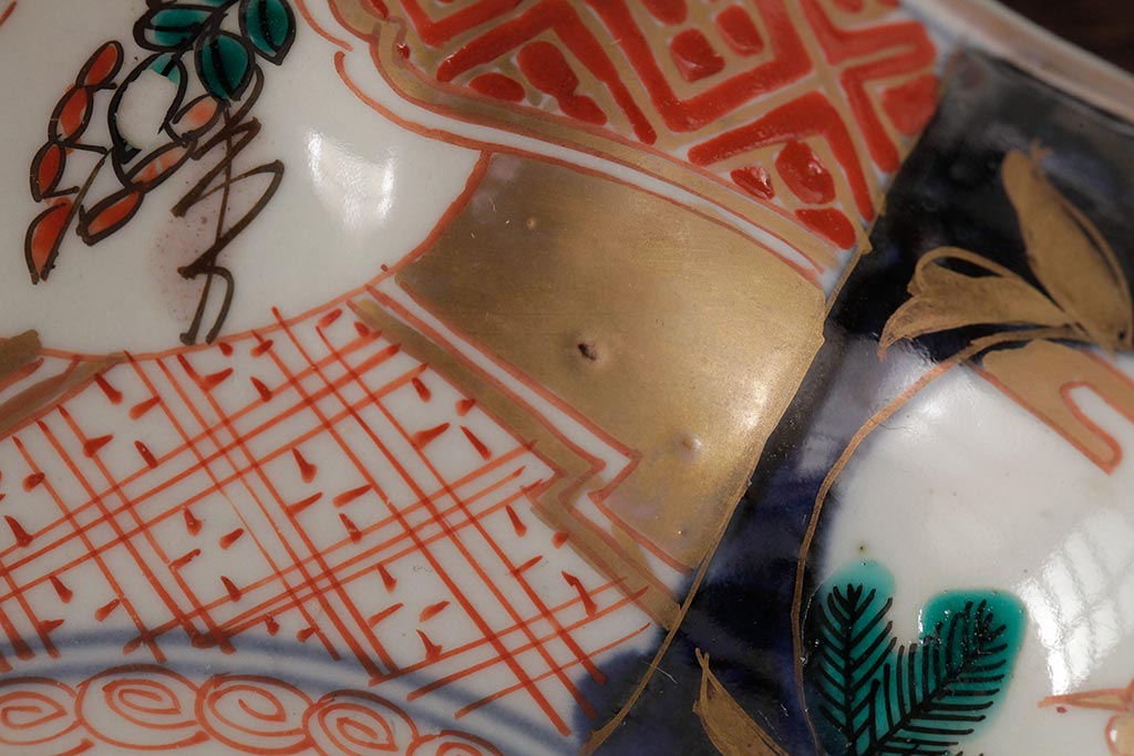 アンティーク雑貨　明治期　伊万里焼　金彩色絵なます皿3枚(中皿、和食器)(R-042831)