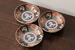 アンティーク雑貨　明治期　伊万里焼　金彩色絵なます皿3枚(中皿、和食器)(R-042832)