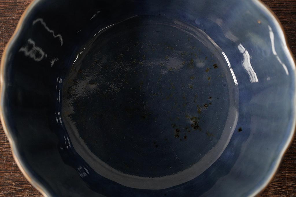 アンティーク雑貨　江戸期　古伊万里　瑠璃金輪花深鉢(深皿、和食器)(R-042838)