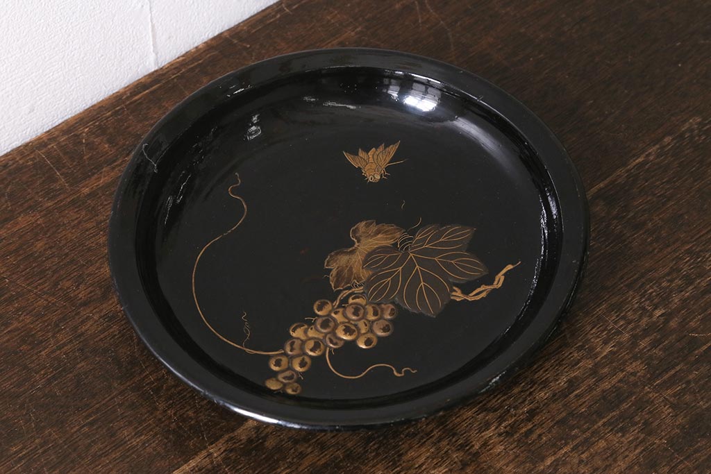 アンティーク雑貨　明治大正期　葡萄に蝿　蒔絵　木製菓子皿(漆器)(R-042864)