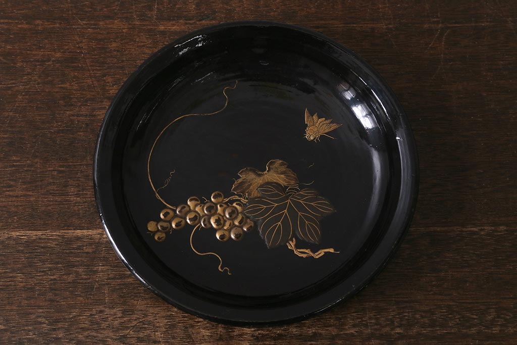 アンティーク雑貨　明治大正期　葡萄に蝿　蒔絵　木製菓子皿(漆器)(R-042864)