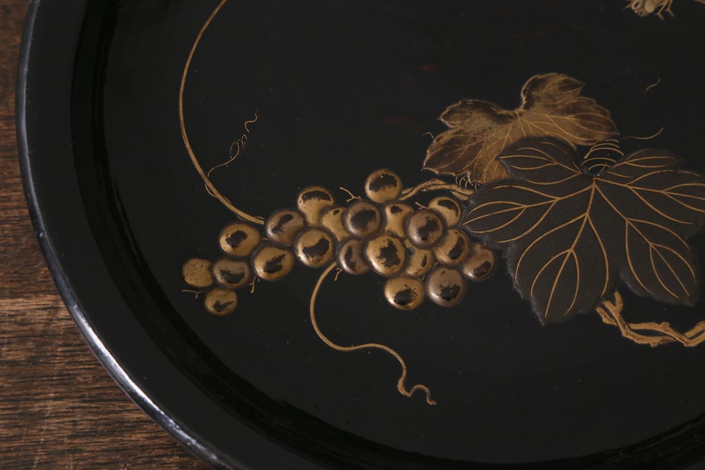 アンティーク雑貨　明治大正期　葡萄に蝿　蒔絵　木製菓子皿(漆器)(R-042864)