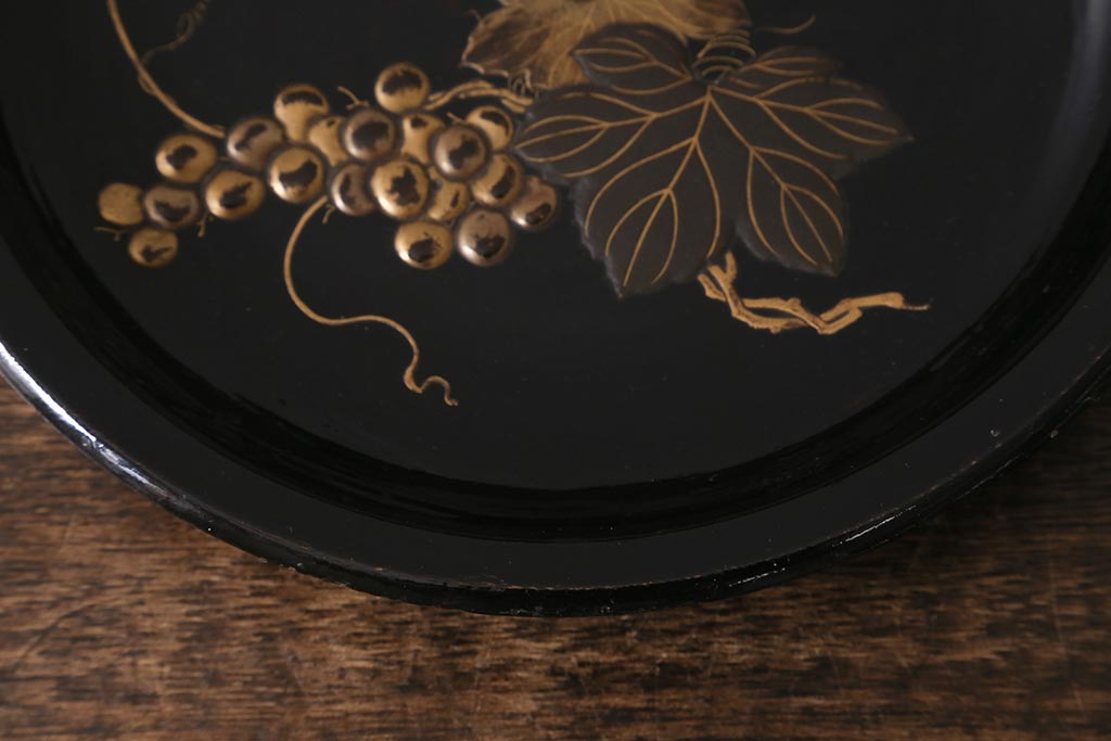 アンティーク雑貨　明治大正期　葡萄に蝿　蒔絵　木製菓子皿(漆器)(R-042864)