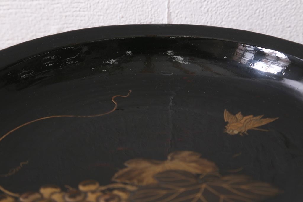 アンティーク雑貨　明治大正期　葡萄に蝿　蒔絵　木製菓子皿(漆器)(R-042864)