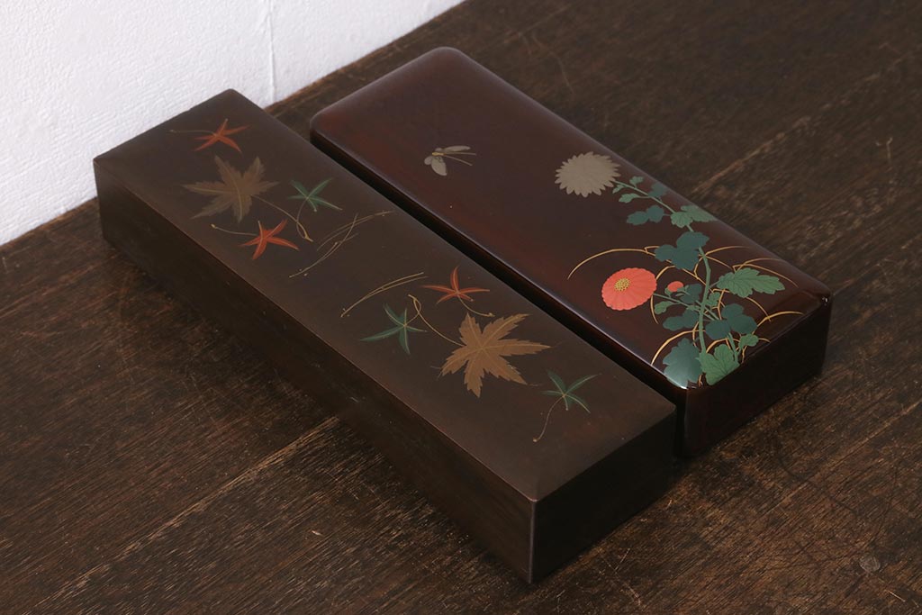 アンティーク雑貨　昭和初期　蒔絵　文箱2点セット(漆器、収納箱)(R-042868)