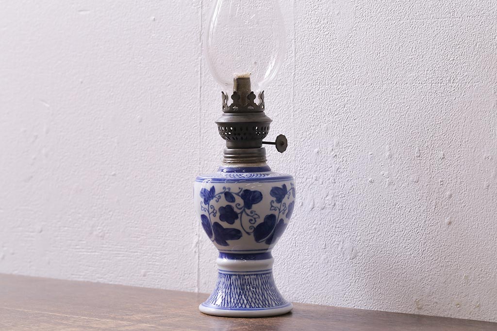 アンティーク雑貨　大正昭和初期　巻き芯38ミリ　和モダンな雰囲気漂うオイルランプ(灯油ランプ)(R-042880)