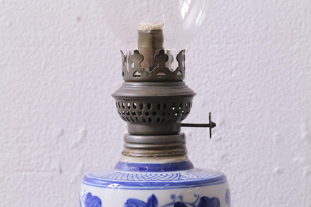 アンティーク雑貨　大正昭和初期　巻き芯38ミリ　和モダンな雰囲気漂うオイルランプ(灯油ランプ)(R-042880)