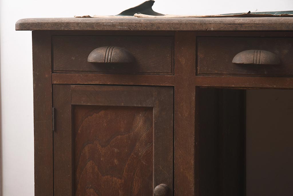 レトロ家具　ナラ材　木のぬくもり溢れる両袖机(ワークデスク、在宅ワーク、在宅用)(R-042932)