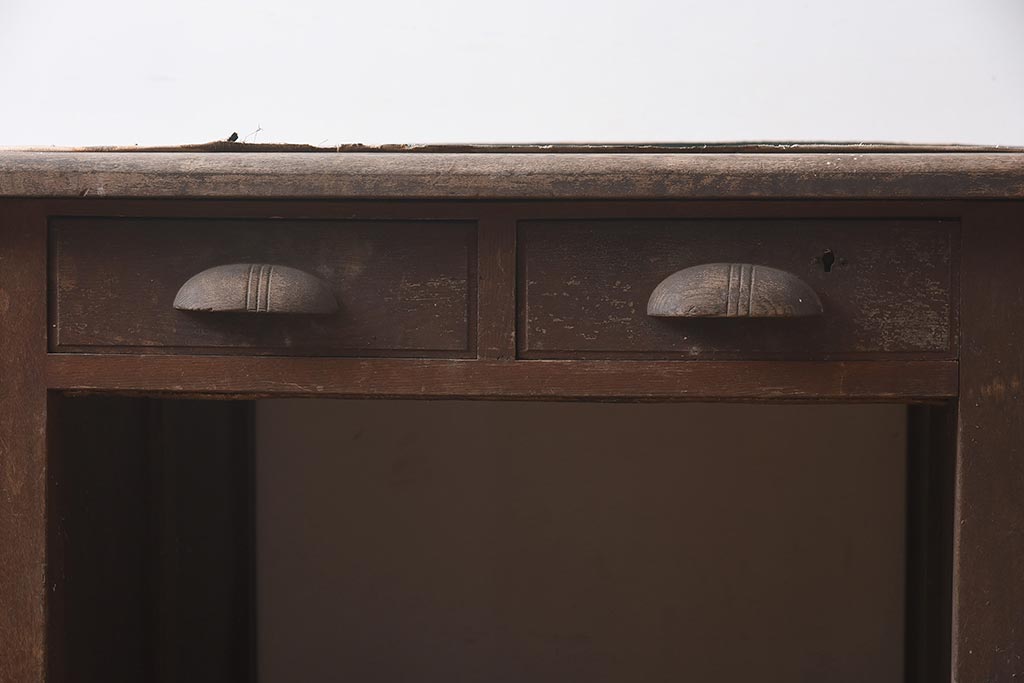 レトロ家具　ナラ材　木のぬくもり溢れる両袖机(ワークデスク、在宅ワーク、在宅用)(R-042932)