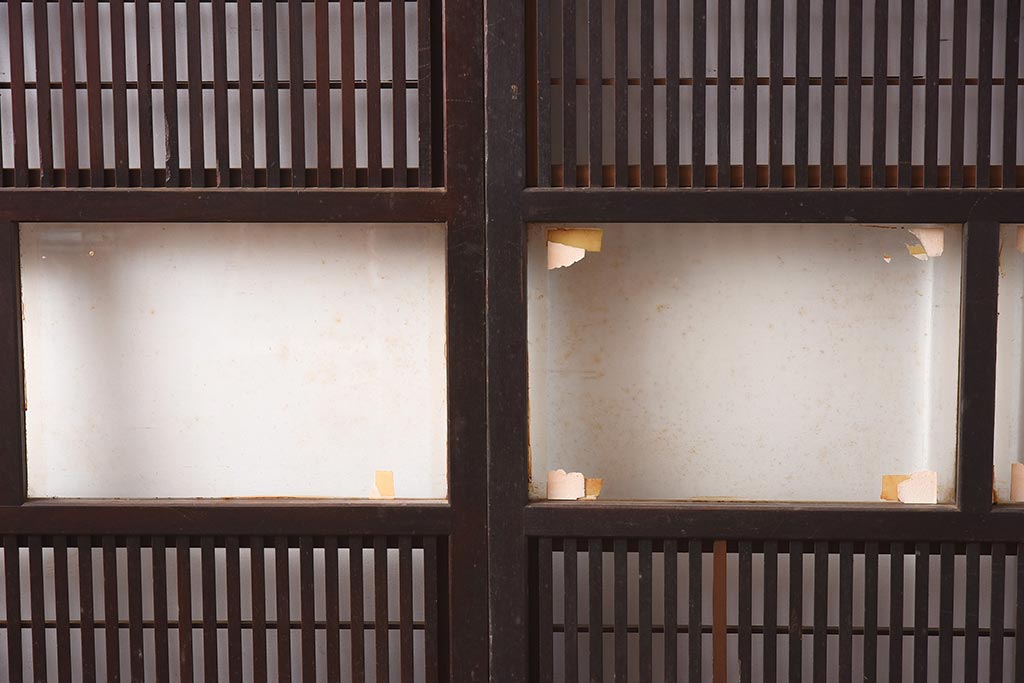 アンティーク建具　昭和初期　裏障子付き　腰板欅(ケヤキ)材　格子戸4枚セット(ガラス帯戸、引き戸)(R-042970)