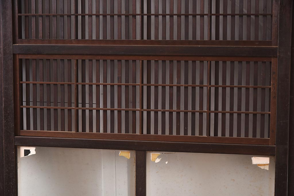 アンティーク建具　昭和初期　裏障子付き　腰板欅(ケヤキ)材　格子戸4枚セット(ガラス帯戸、引き戸)(R-042970)