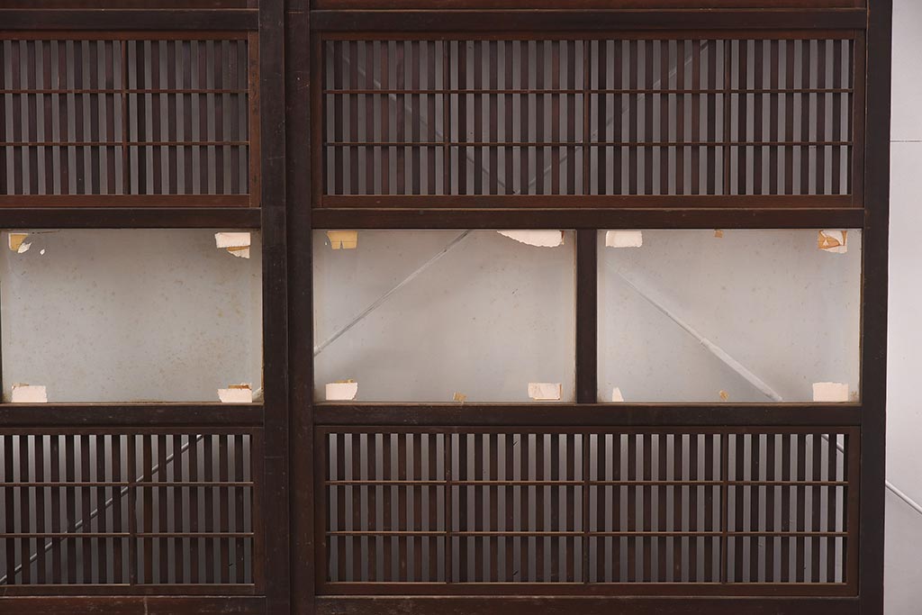 アンティーク建具　昭和初期　裏障子付き　腰板欅(ケヤキ)材　格子戸4枚セット(ガラス帯戸、引き戸)(R-042970)