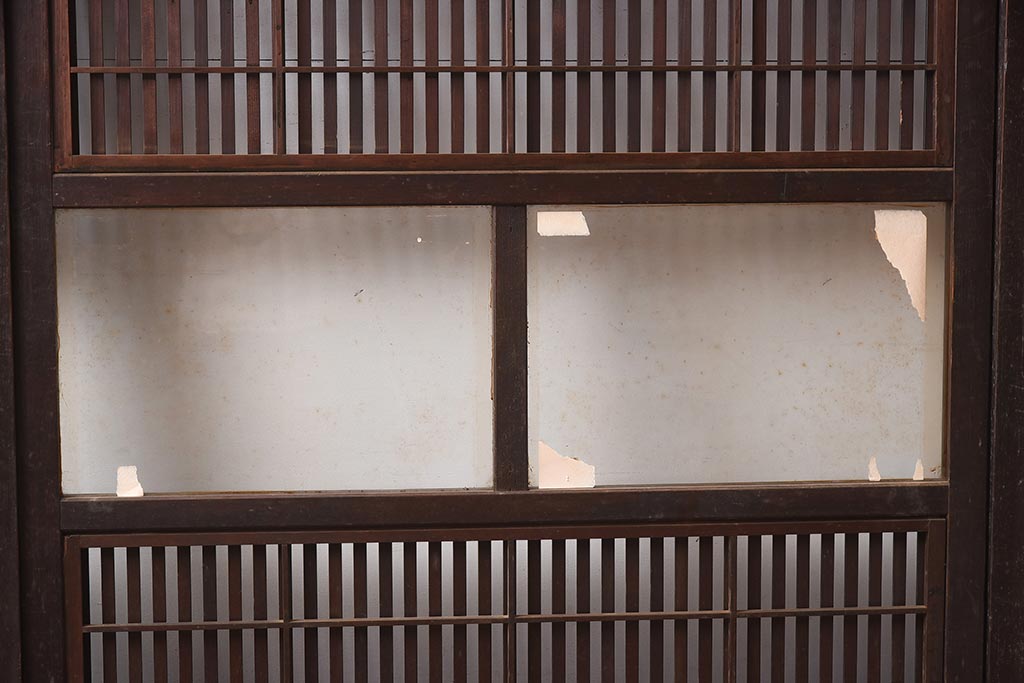 アンティーク建具　昭和初期　裏障子付き　腰板欅(ケヤキ)材　格子戸4枚セット(ガラス帯戸、引き戸)(R-042970)