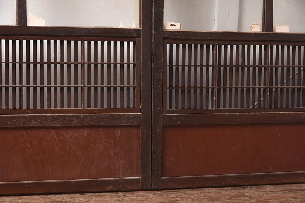 アンティーク建具　昭和初期　裏障子付き　腰板欅(ケヤキ)材　格子戸4枚セット(ガラス帯戸、引き戸)(R-042970)