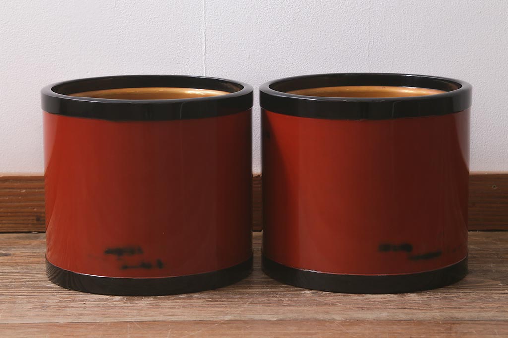 昭和初期　根来塗　高級感あふれる色使いの火鉢一対・箱付き(手焙り、漆塗り)(R-043020)