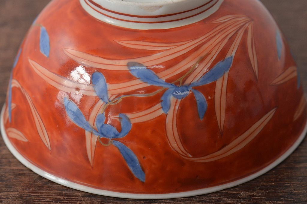 古民具・骨董　江戸期　古伊万里　赤絵蘭模様蓋茶碗2客セット(和食器)(R-043051)