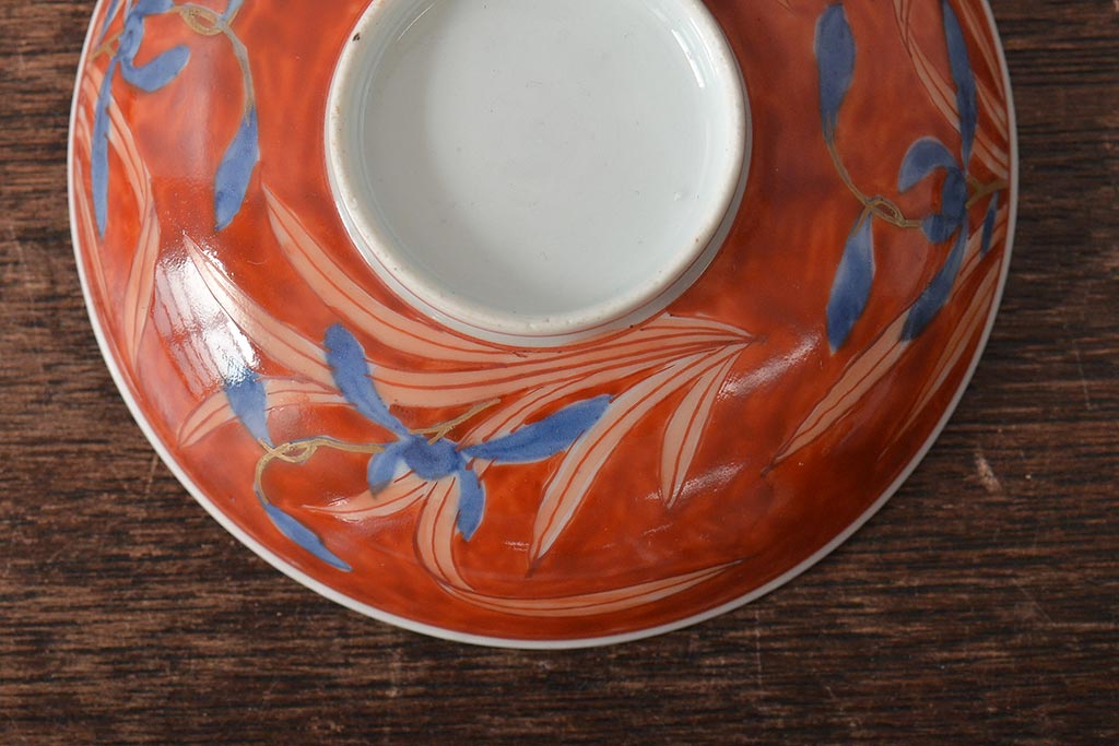 古民具・骨董　江戸期　古伊万里　赤絵蘭模様蓋茶碗2客セット(和食器)(R-043051)