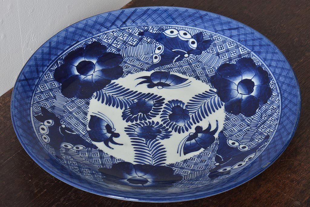 アンティーク雑貨 明治期 伊万里焼 ベロ藍 花蝶図染付 一尺一寸大皿(R