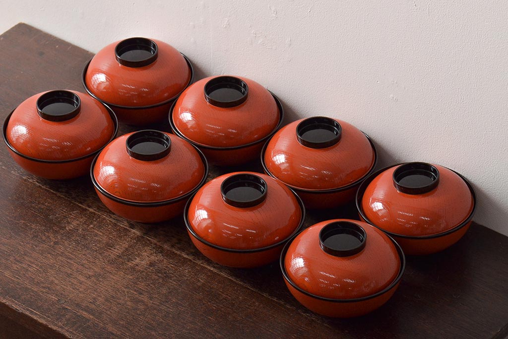 アンティーク雑貨　明治大正期　欅製朱塗椀8客セット(漆器、お椀、和食器)(R-043090)