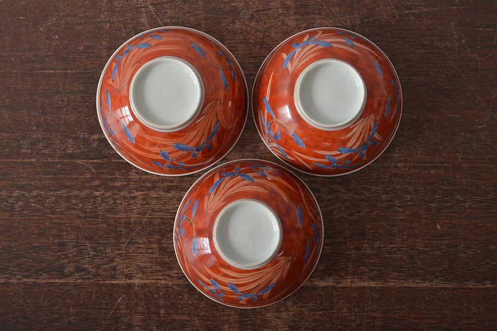 アンティーク雑貨  江戸期　古伊万里　赤絵蘭模様蓋茶碗3客セット(和食器)(R-043103)