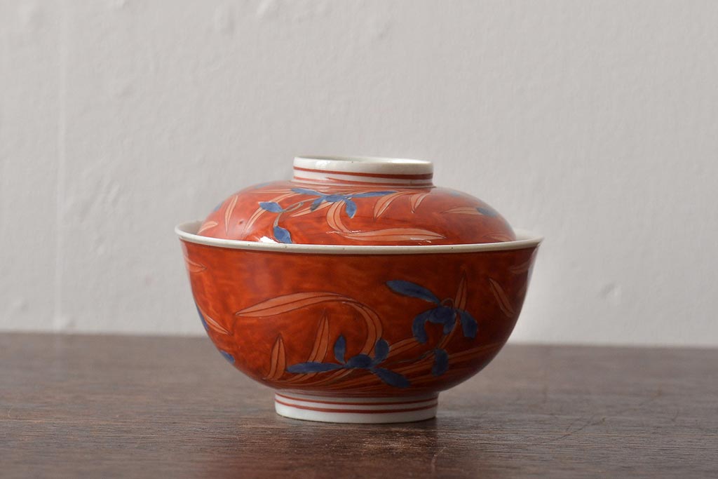 アンティーク雑貨  江戸期　古伊万里　赤絵蘭模様蓋茶碗3客セット(和食器)(R-043103)