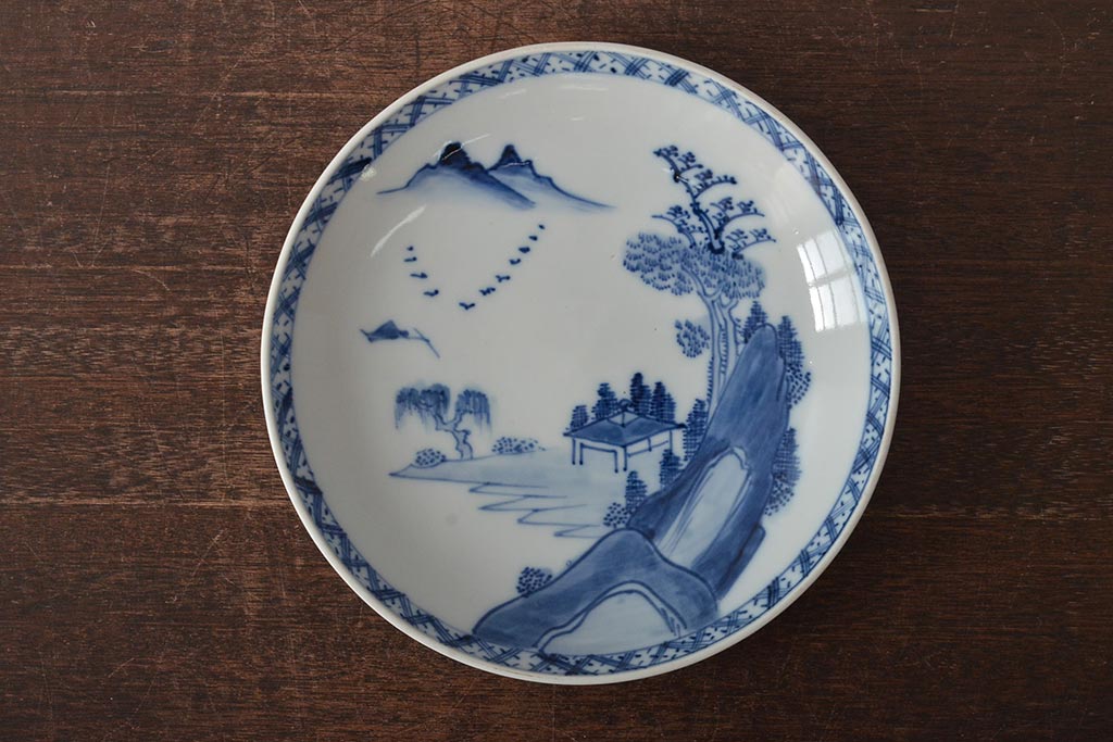 九谷焼六角皿 明治期 色絵 染付山水図 手描き陶芸品 旧家蔵出