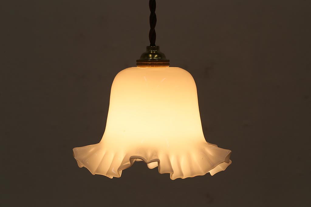 イギリスヴィンテージ照明　フリルシェードがおしゃれなペンダントライト(ランプシェード、天井照明、ビンテージ)(R-043110)