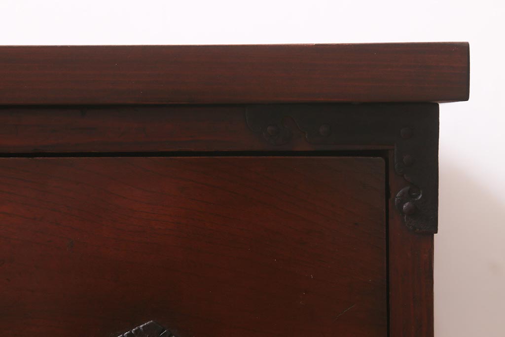 アンティーク家具　明治大正期　箪笥リメイク　ヒノキ材　角ばった取っ手が味わい深いローボード(テレビ台、テレビボード、収納棚)(R-043122)