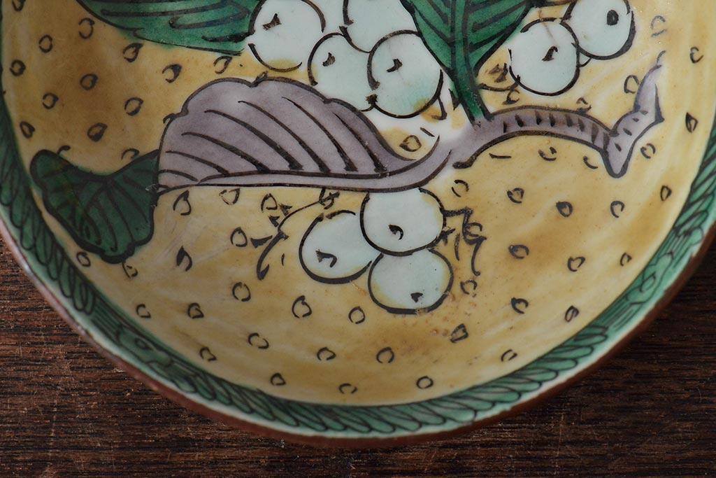 アンティーク雑貨　江戸明治期　九谷焼　角福　色絵果実染付小皿5枚セット(和食器)(R-043230)