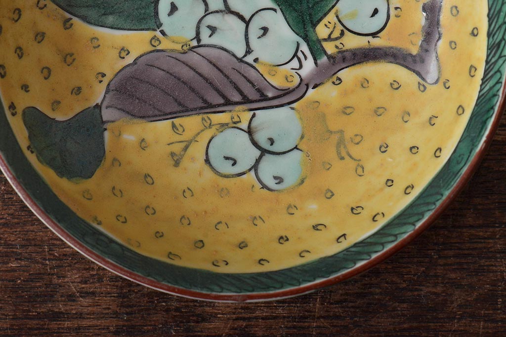 アンティーク雑貨　江戸明治期　九谷焼　角福　色絵果実染付小皿5枚セット(和食器)(R-043231)