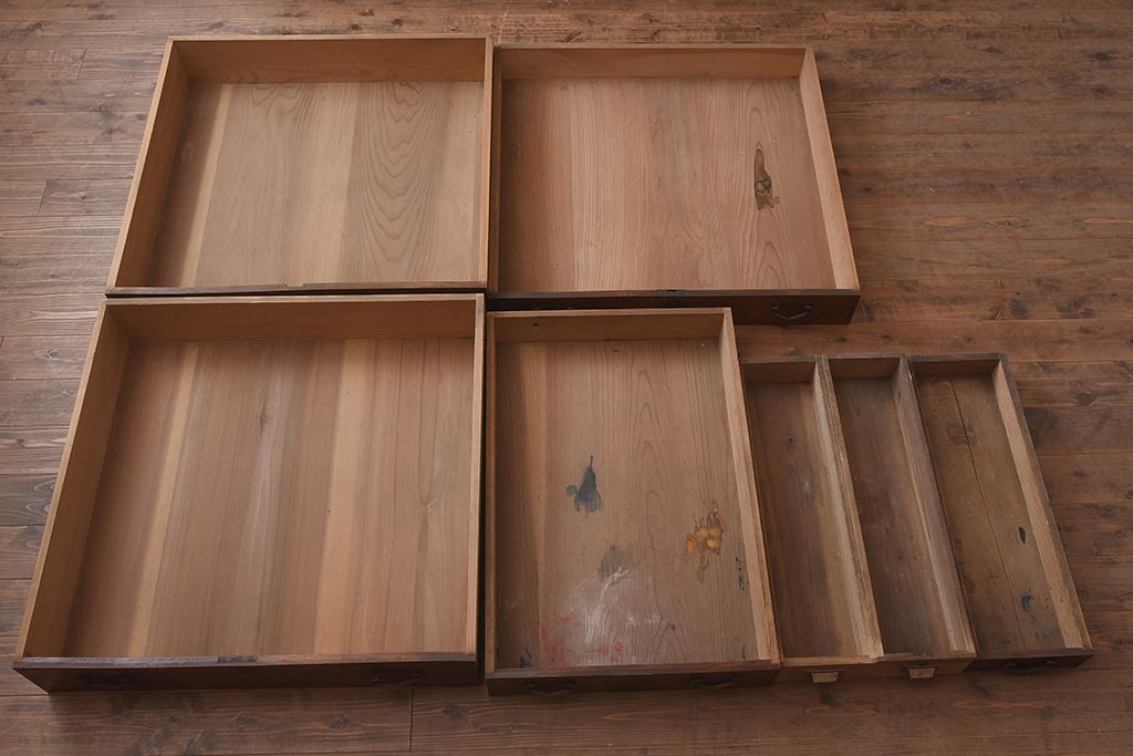 アンティーク家具　明治期　ヒノキ材・欅材　重ね収納箪笥(水屋箪笥、引き出し、チェスト、夜具箪笥、布団箪笥)(R-043250)