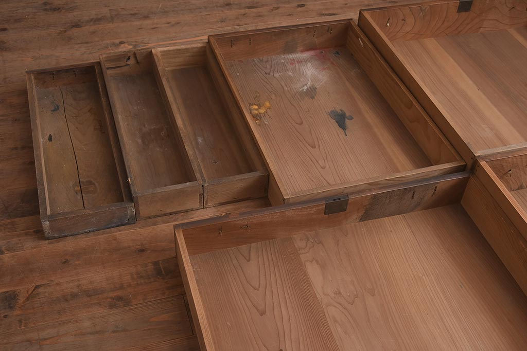 アンティーク家具　明治期　ヒノキ材・欅材　重ね収納箪笥(水屋箪笥、引き出し、チェスト、夜具箪笥、布団箪笥)(R-043250)