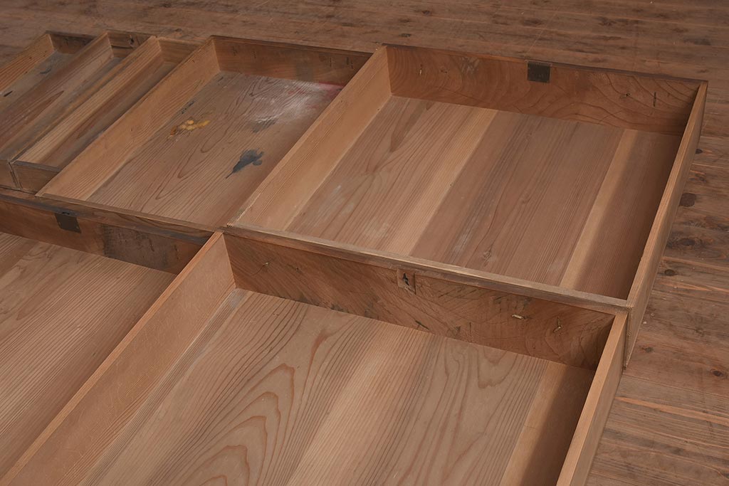 アンティーク家具　明治期　ヒノキ材・欅材　重ね収納箪笥(水屋箪笥、引き出し、チェスト、夜具箪笥、布団箪笥)(R-043250)