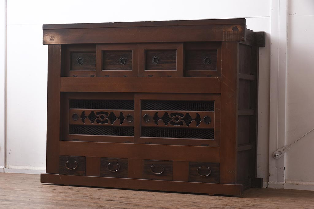 アンティーク家具　前板黒柿材　上質な4尺水屋サイドボード(四尺水屋箪笥、戸棚、収納棚)(R-043284)