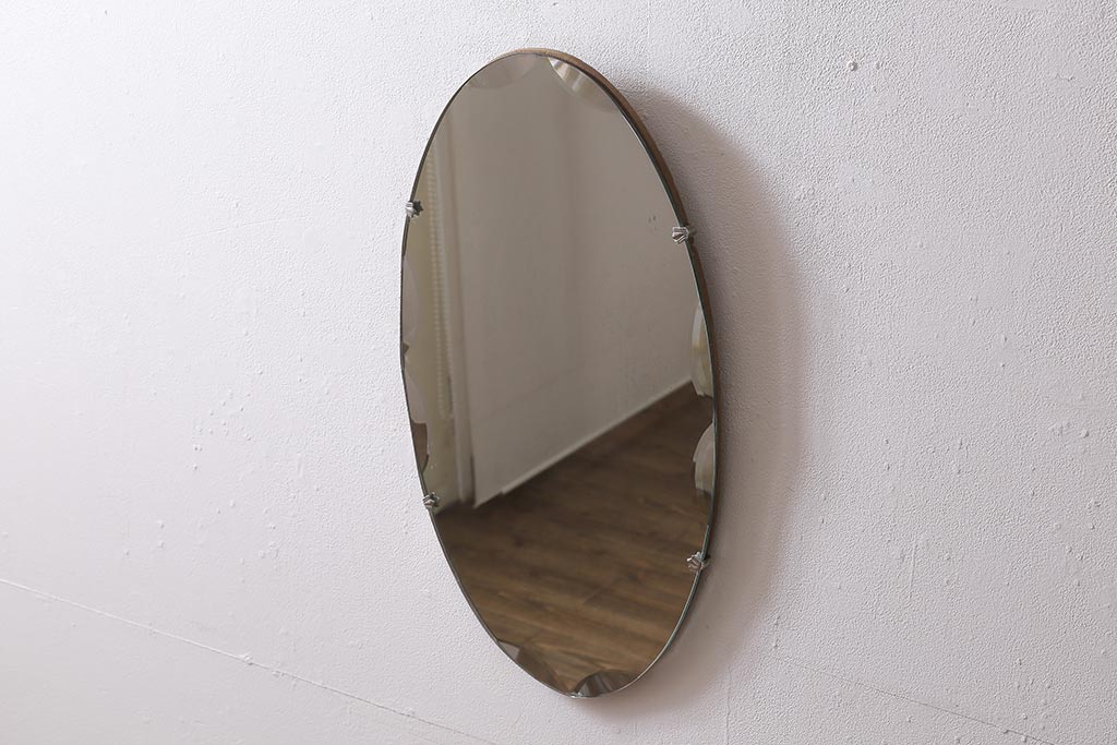 ヴィンテージ雑貨　イギリスビンテージ　シックな空間にぴったりのカットガラスオーバルミラー(鏡)(R-043305)