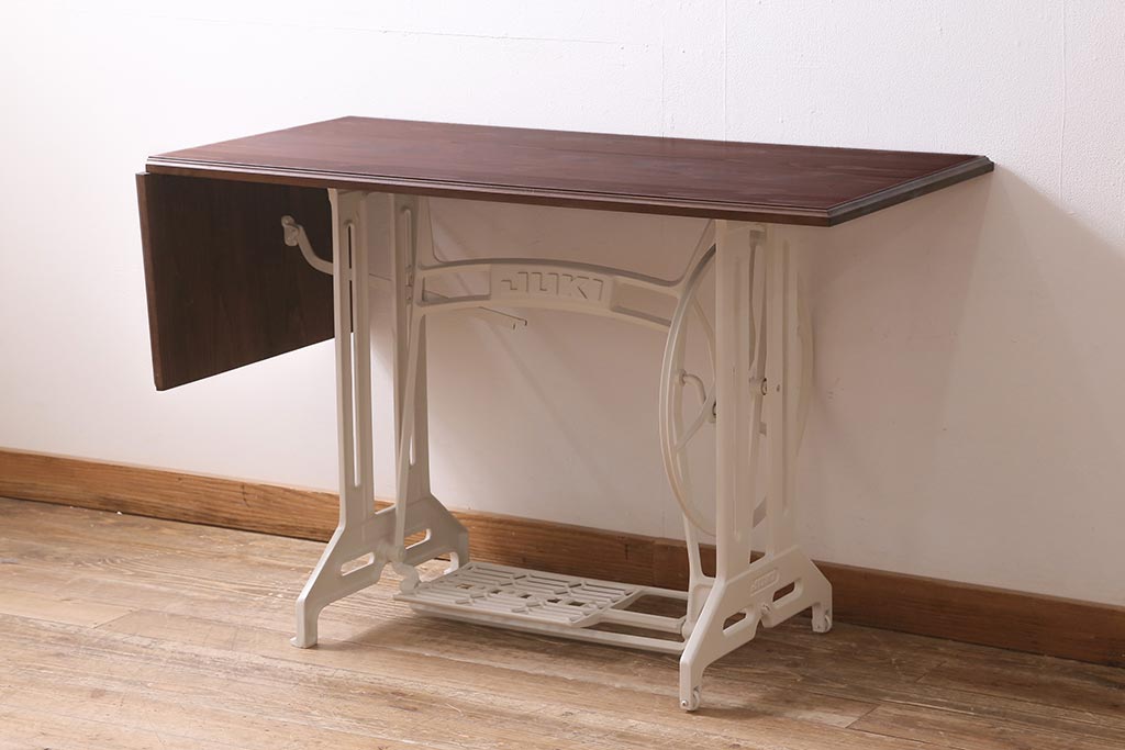 JUKI　天板ヒノキ材　ペイントリメイク　補助テーブル付きミシンテーブル(バタフライテーブル、拡張式テーブル、サイドテーブル、カフェテーブル)(R-043311)