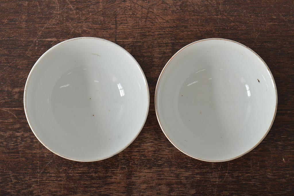 アンティーク雑貨　明治大正期　扇面図色絵蓋茶碗2客セット(和食器)(R-043334)