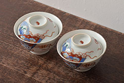 アンティーク雑貨　明治大正期　扇面図色絵蓋茶碗2客セット(和食器)(R-043334)