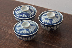 古民具・骨董　明治期　伊万里焼　染付蓋茶碗3客セット(和食器)(R-043343)