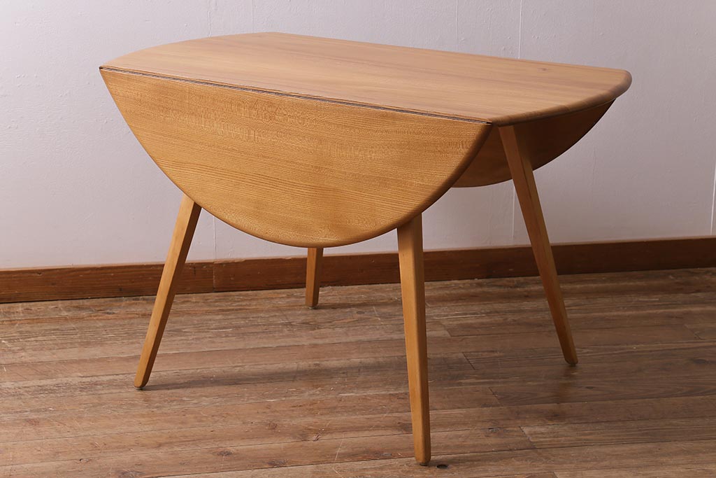 ヴィンテージ家具　イギリスビンテージ　ERCOL(アーコール)　エルム材　ウィンザードロップリーフテーブル(バタフライテーブル、ラウンドテーブル)(R-043354)