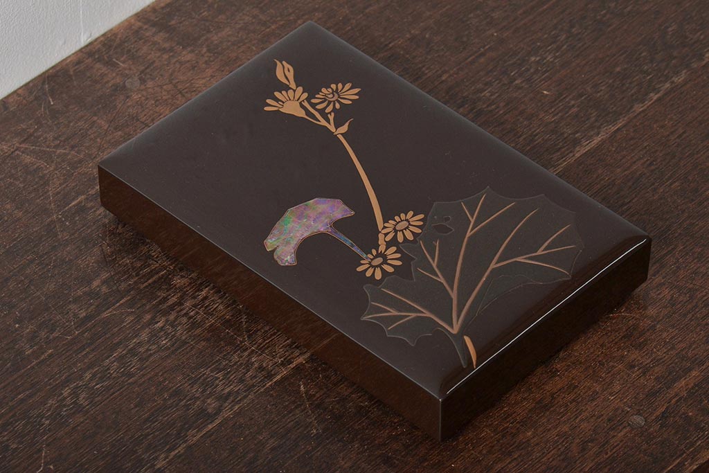 アンティーク雑貨　昭和初期　螺鈿　金蒔絵　梨地　木製硯箱(文箱、収納箱、漆器)(R-043405)