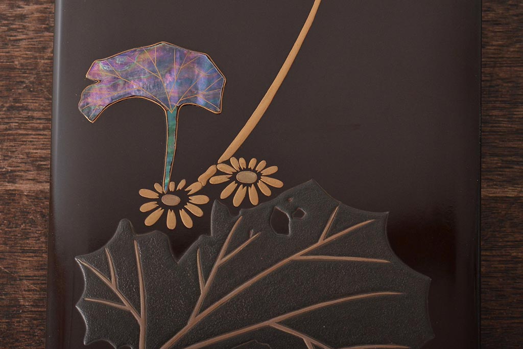 アンティーク雑貨　昭和初期　螺鈿　金蒔絵　梨地　木製硯箱(文箱、収納箱、漆器)(R-043405)