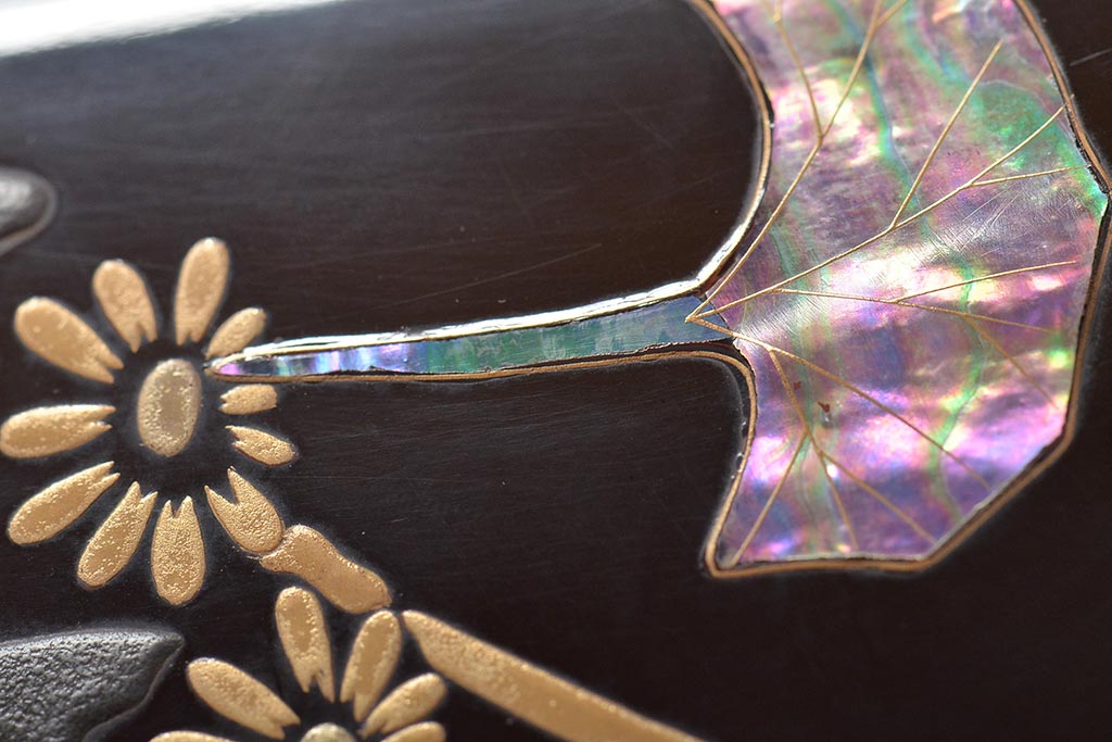 アンティーク雑貨　昭和初期　螺鈿　金蒔絵　梨地　木製硯箱(文箱、収納箱、漆器)(R-043405)