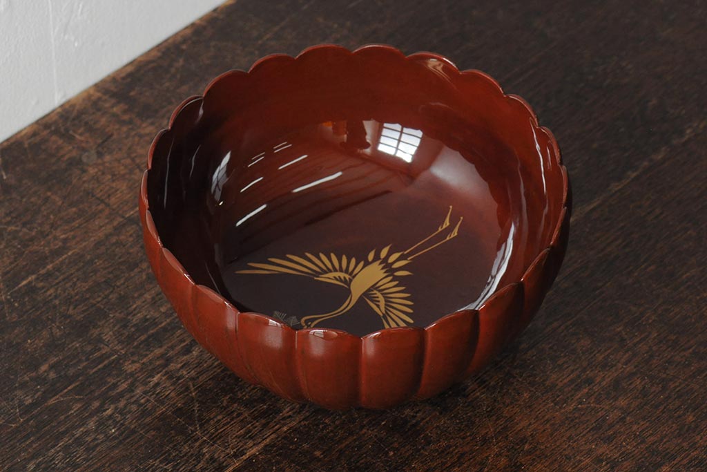 箱付き 昭和初期 平安象彦 鶴蒔絵 菊型菓子鉢(漆器)(R-043518) | ラフジュ工房