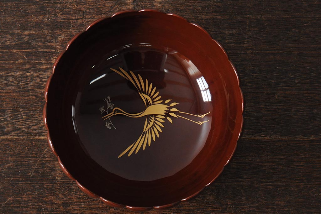 箱付き　昭和初期　平安象彦　鶴蒔絵　菊型菓子鉢(漆器)(R-043518)
