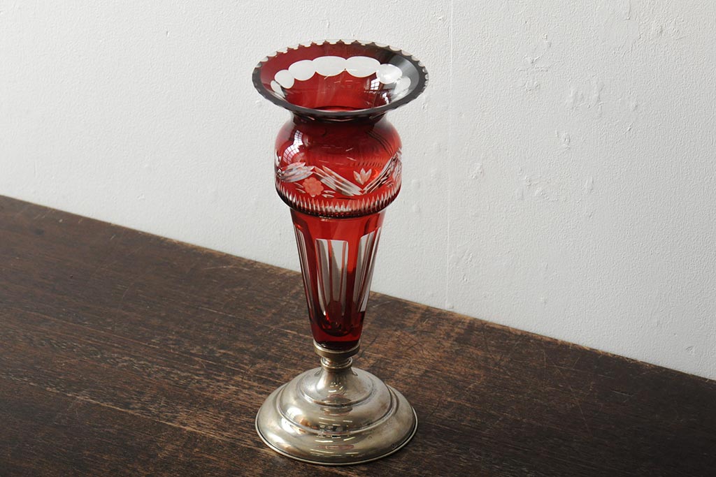 ヨーロッパアンティーク　カットガラス　切子　銀(シルバー)?　フラワーベース(花瓶、花器、ボヘミアガラス?)(R-043523)