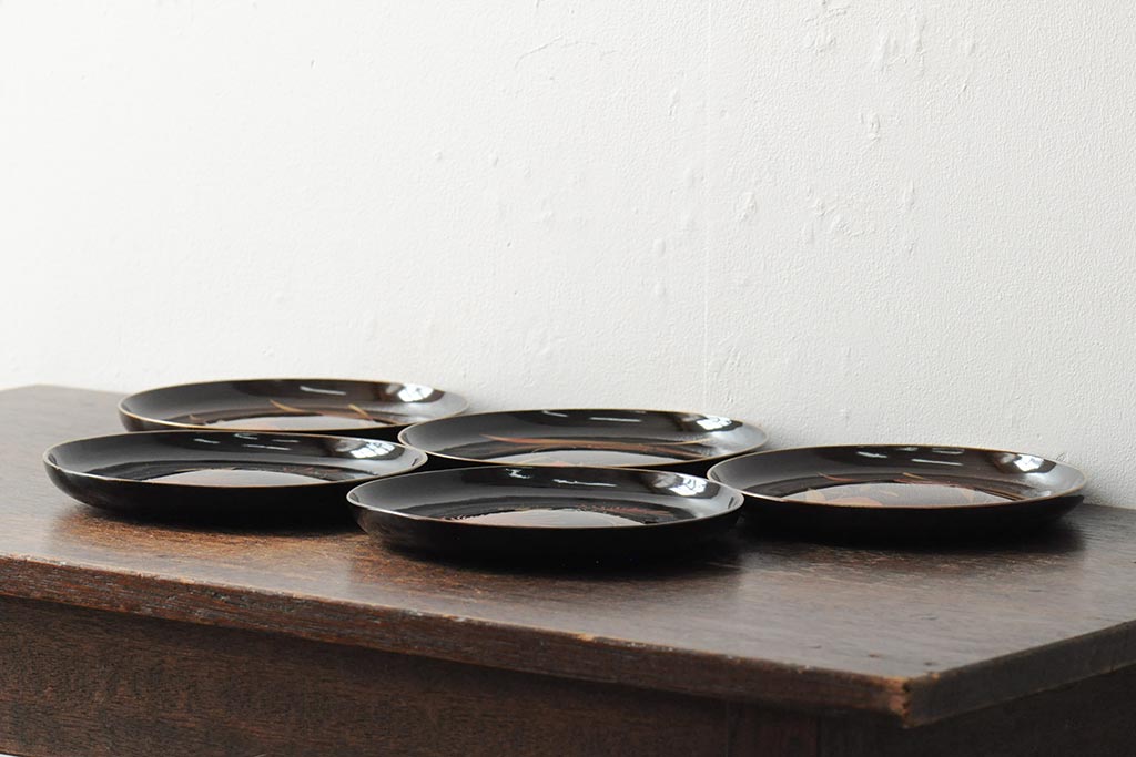 大正昭和初期　菊・桃図　蒔絵木皿5枚セット(漆器、木製皿、銘々皿)(R-043622)