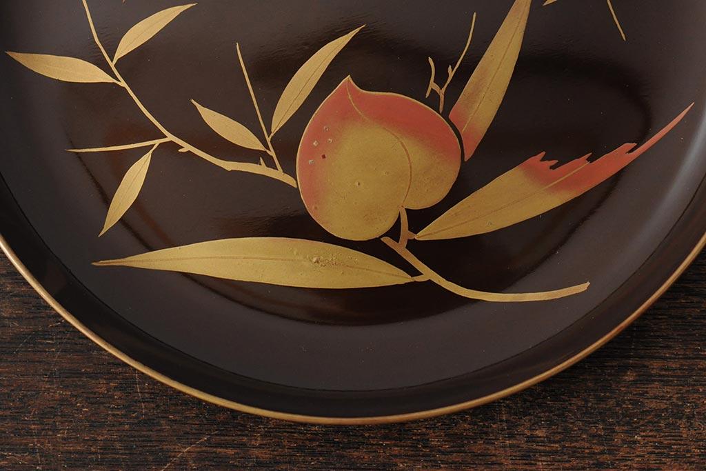 大正昭和初期　菊・桃図　蒔絵木皿5枚セット(漆器、木製皿、銘々皿)(R-043622)